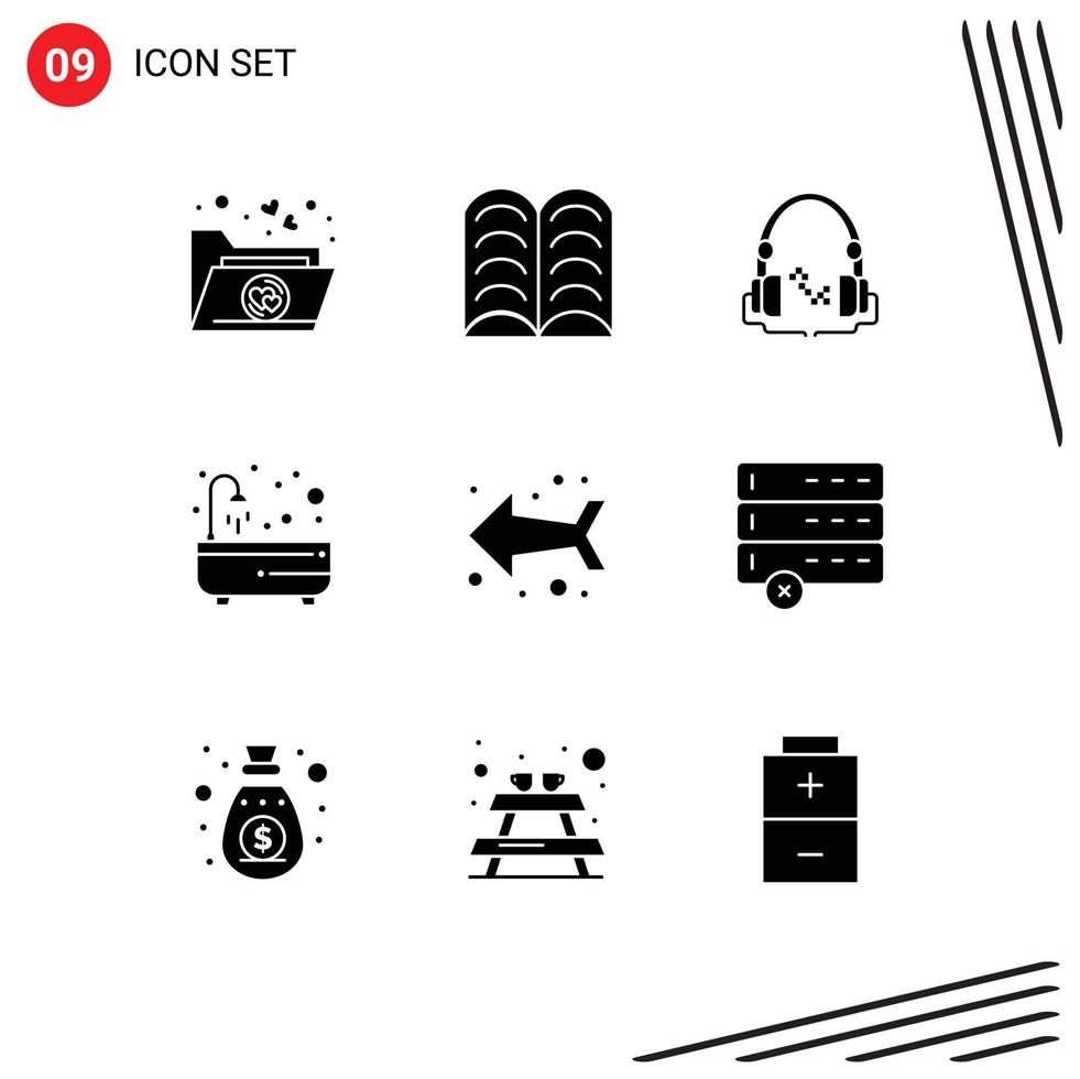9 User Interface Solid Glyph Pack of modern Signs and Symbols of cancel left audio arrow relax Editable Vector Design Elements