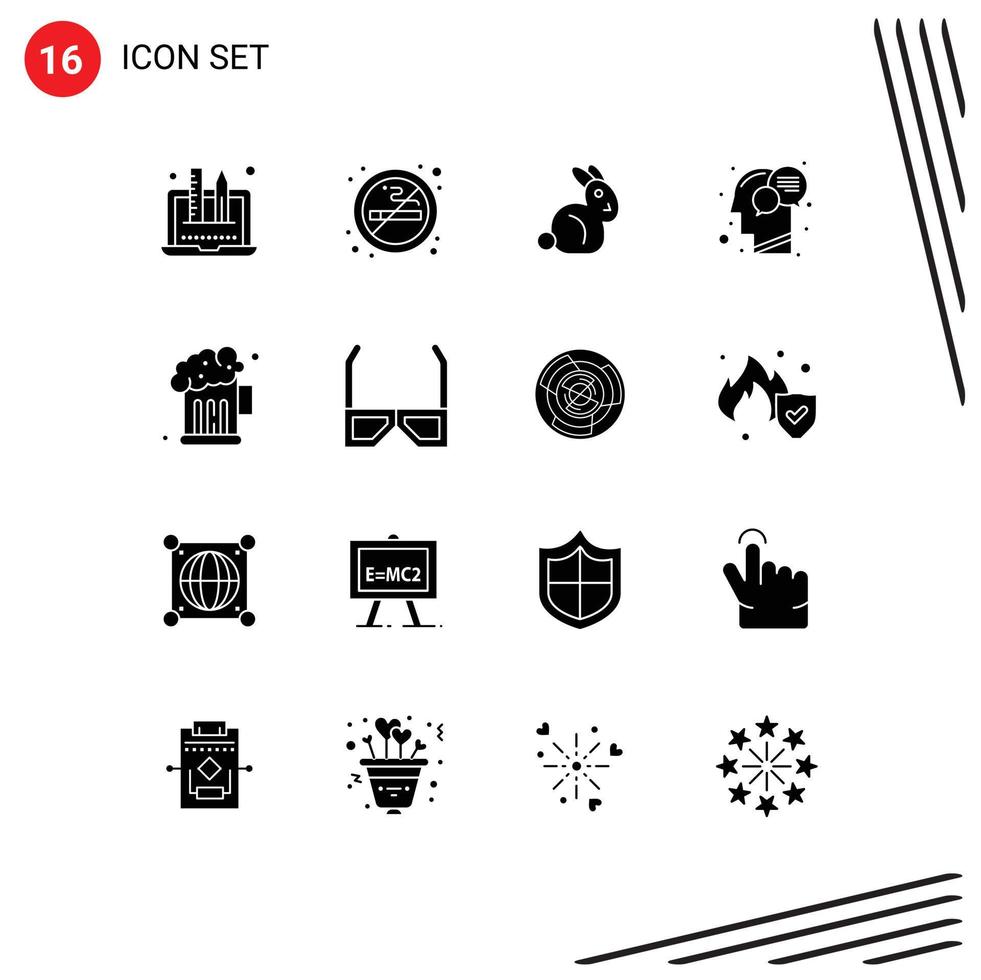 Solid Glyph Pack of 16 Universal Symbols of night talk bynny mind head Editable Vector Design Elements