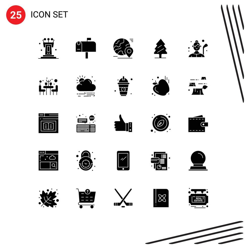 25 Universal Solid Glyphs Set for Web and Mobile Applications golf tree map spring nature Editable Vector Design Elements