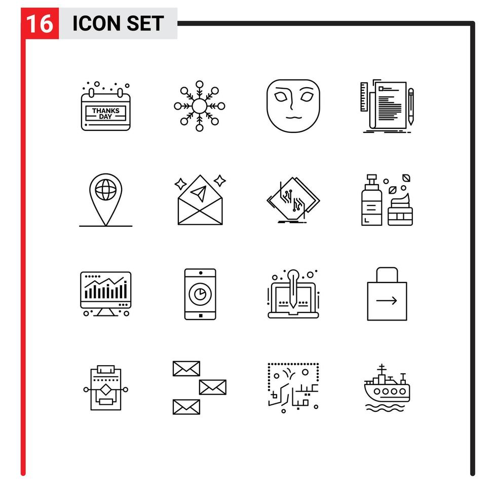 Set of 16 Modern UI Icons Symbols Signs for location geo face script file Editable Vector Design Elements