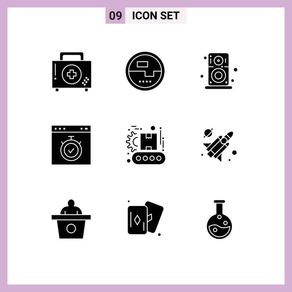 Pack of 9 creative Solid Glyphs of stopwatch interface measuring browser player Editable Vector Design Elements