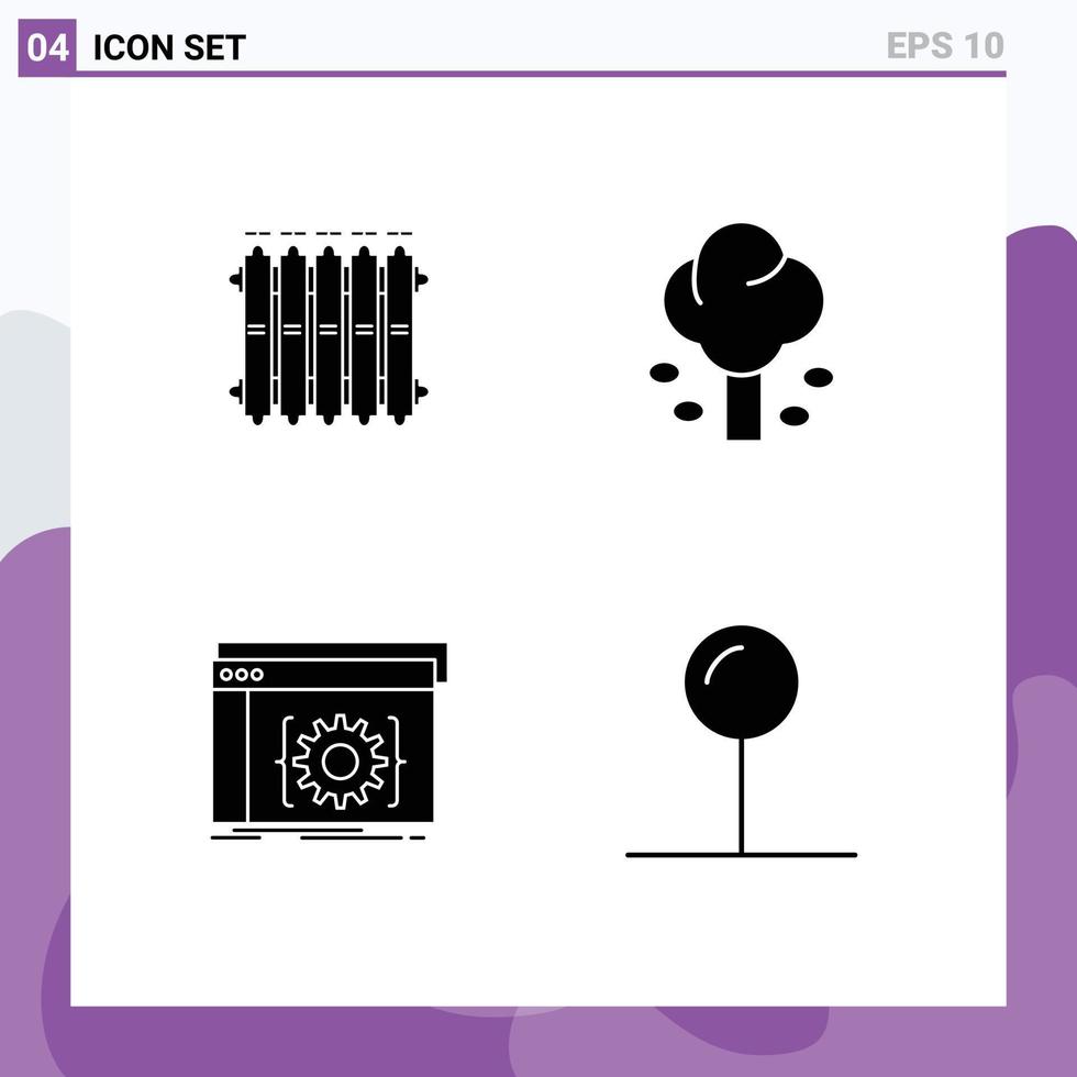 Modern Set of 4 Solid Glyphs Pictograph of radiator tree warm forest app Editable Vector Design Elements