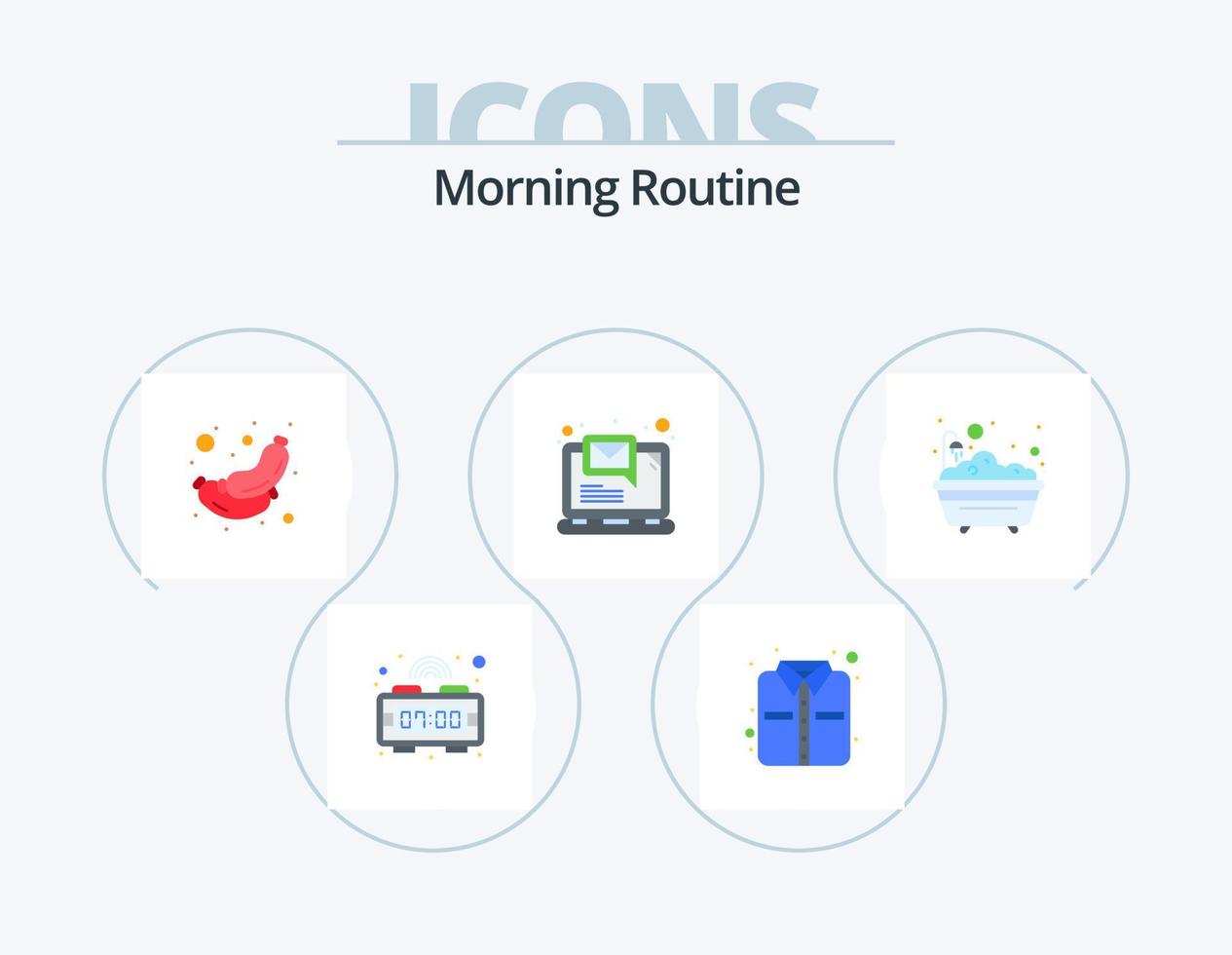 Morning Routine Flat Icon Pack 5 Icon Design. bathroom. bathtub. sausage. bath. laptop vector