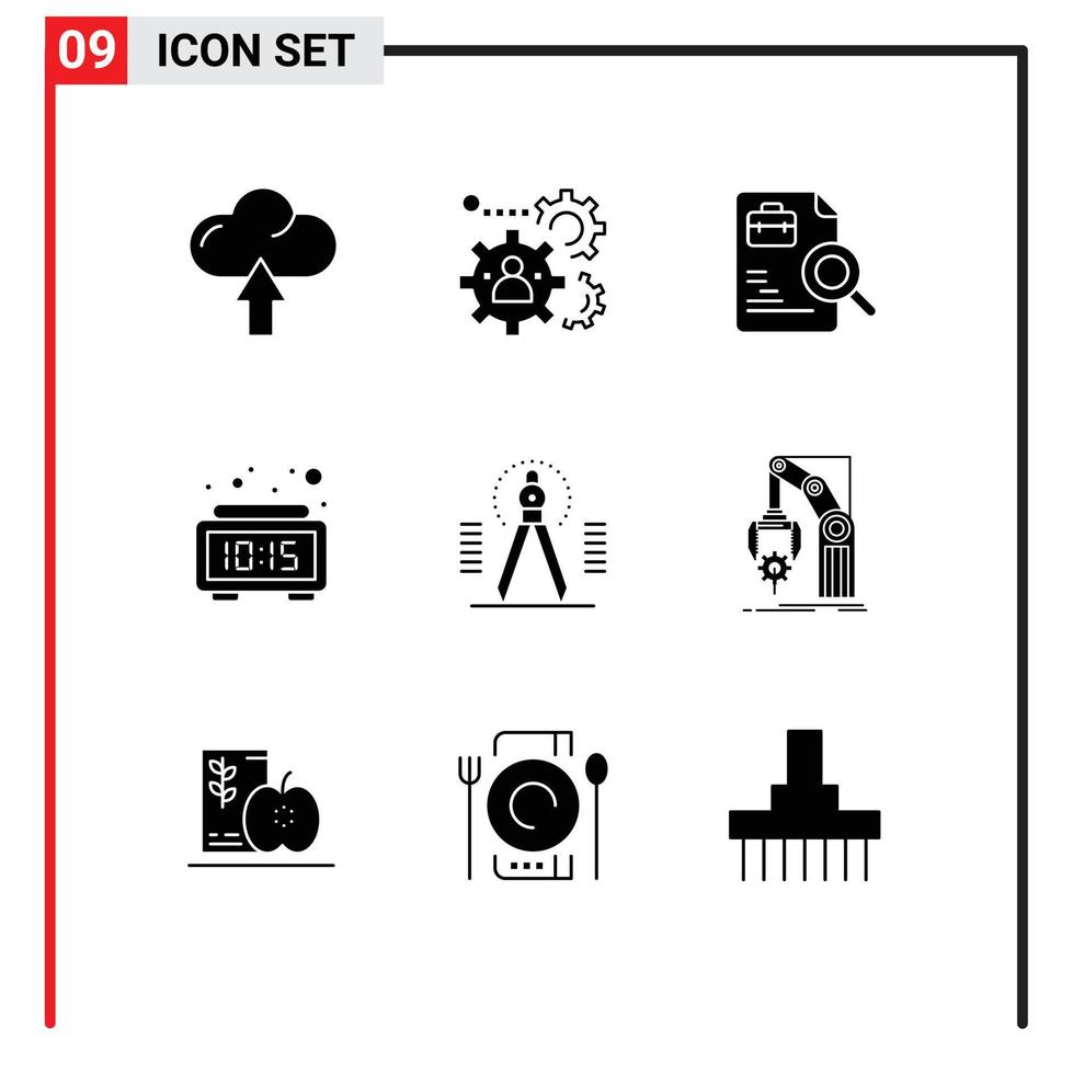 9 glifos sólidos vectoriales temáticos y símbolos editables de brújula trabajo en equipo digital trabajos de reloj elementos de diseño vectorial editables vector