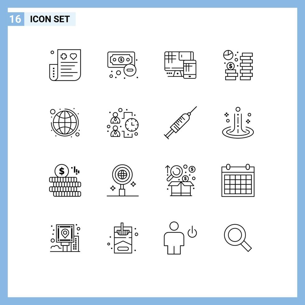 Set of 16 Modern UI Icons Symbols Signs for saving dollar outcome currency education Editable Vector Design Elements