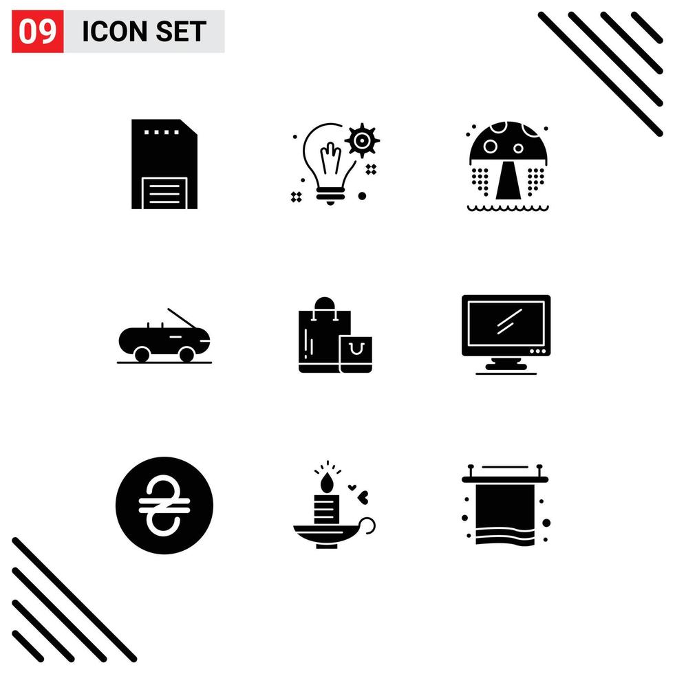 9 User Interface Solid Glyph Pack of modern Signs and Symbols of market bag gear car mushroom Editable Vector Design Elements