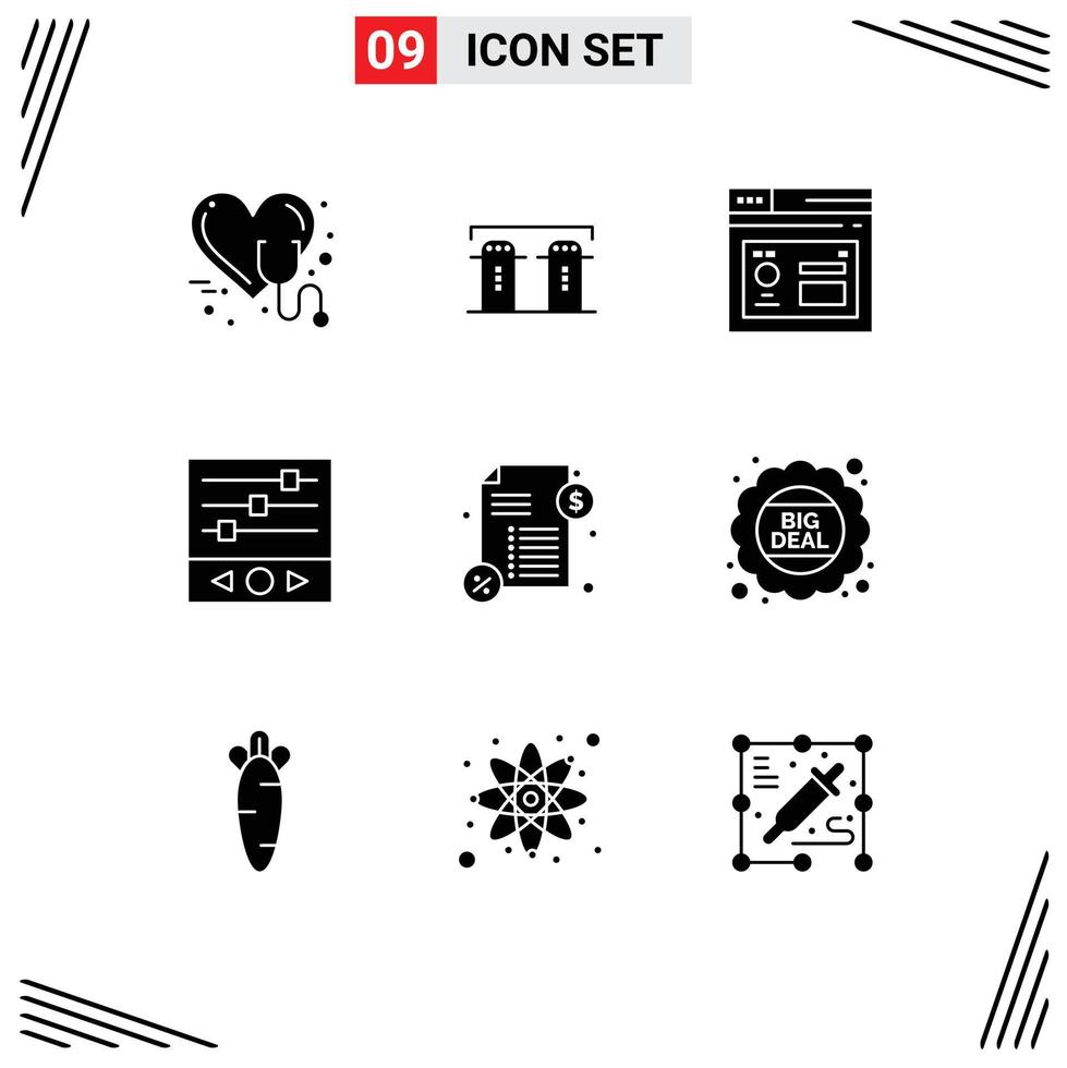 Solid Glyph Pack of 9 Universal Symbols of loan sound frequency spices music levels page Editable Vector Design Elements