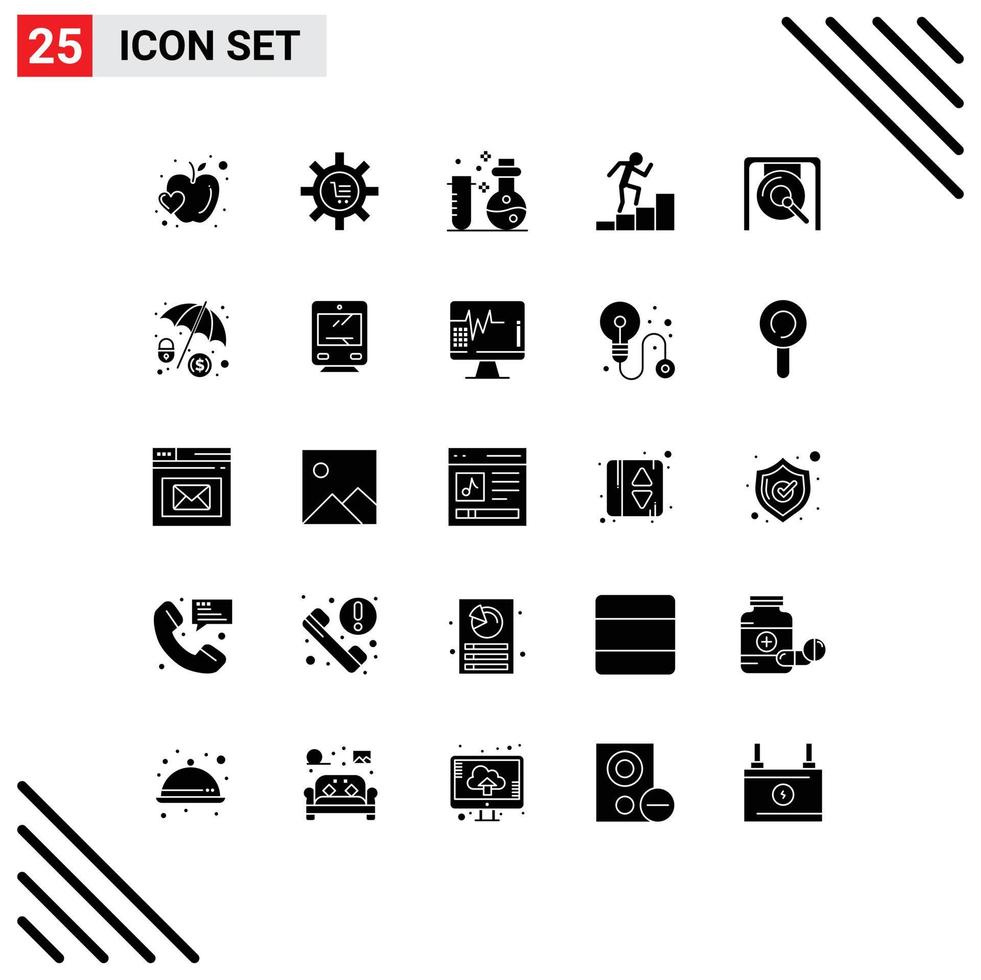 Mobile Interface Solid Glyph Set of 25 Pictograms of gong employee gear career laboratory Editable Vector Design Elements