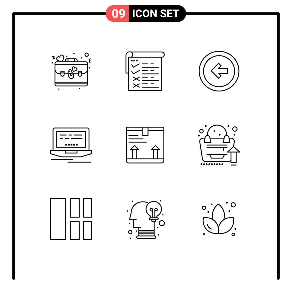 Mobile Interface Outline Set of 9 Pictograms of box design arrow web left Editable Vector Design Elements