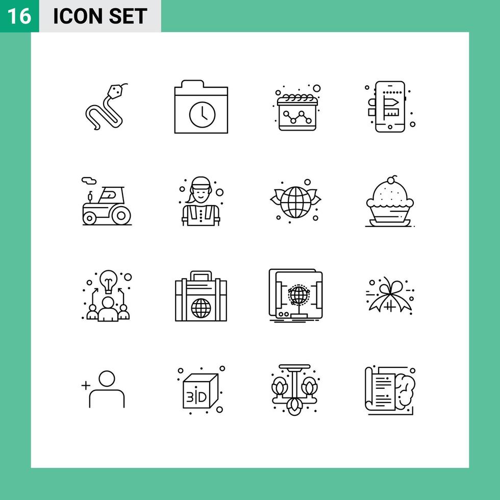 Modern Set of 16 Outlines and symbols such as construction worker transport calendar tractor process Editable Vector Design Elements