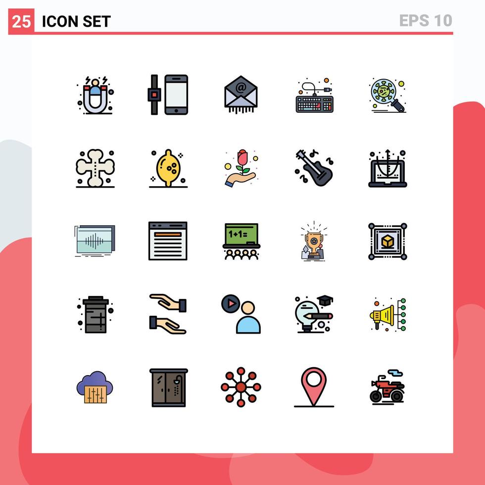 Editable Vector Line Pack of 25 Simple Filled line Flat Colors of protection bacteria mail connection keyboard Editable Vector Design Elements