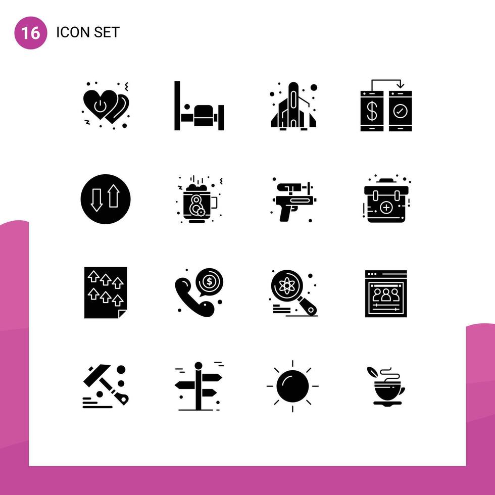 paquete de 16 signos y símbolos de glifos sólidos modernos para medios de impresión web, como flechas, cohetes de pago, banca móvil, elementos de diseño de vectores editables