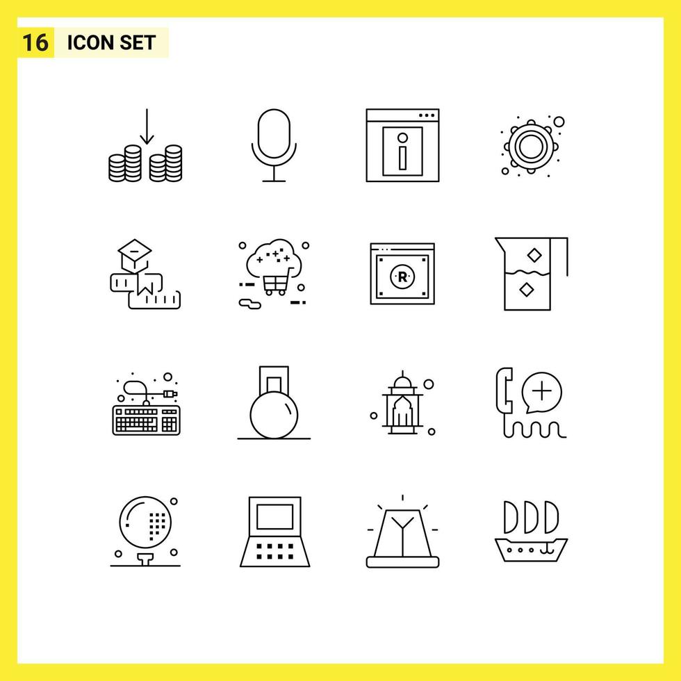 Mobile Interface Outline Set of 16 Pictograms of learning education information tambourine music Editable Vector Design Elements