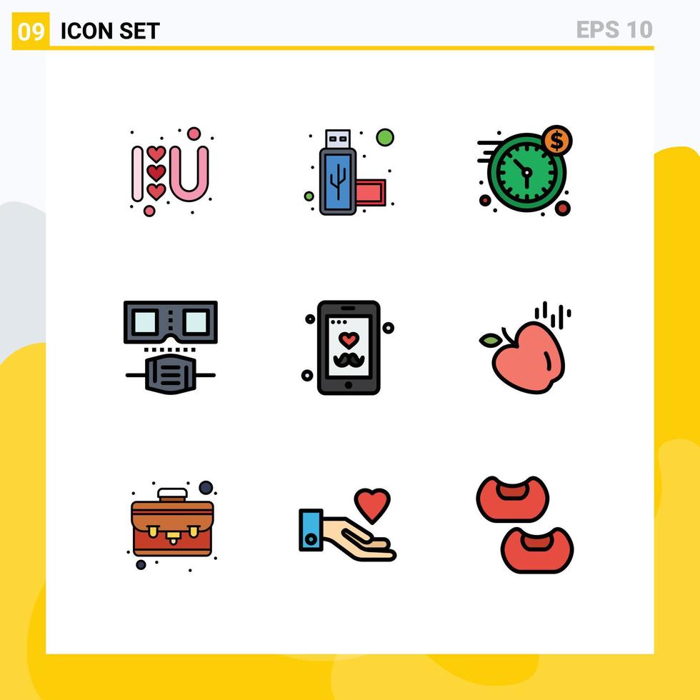 Mobile Interface Filledline Flat Color Set of 9 Pictograms of mobile father dollar dad mask Editable Vector Design Elements