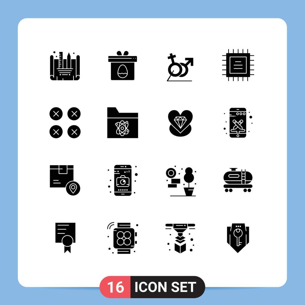 Pack of 16 Modern Solid Glyphs Signs and Symbols for Web Print Media such as layout abstract women cpu chip Editable Vector Design Elements