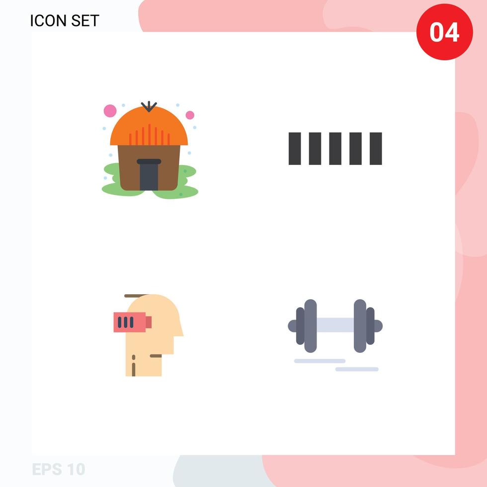 Pictogram Set of 4 Simple Flat Icons of hut mental connection battery dumbbell Editable Vector Design Elements