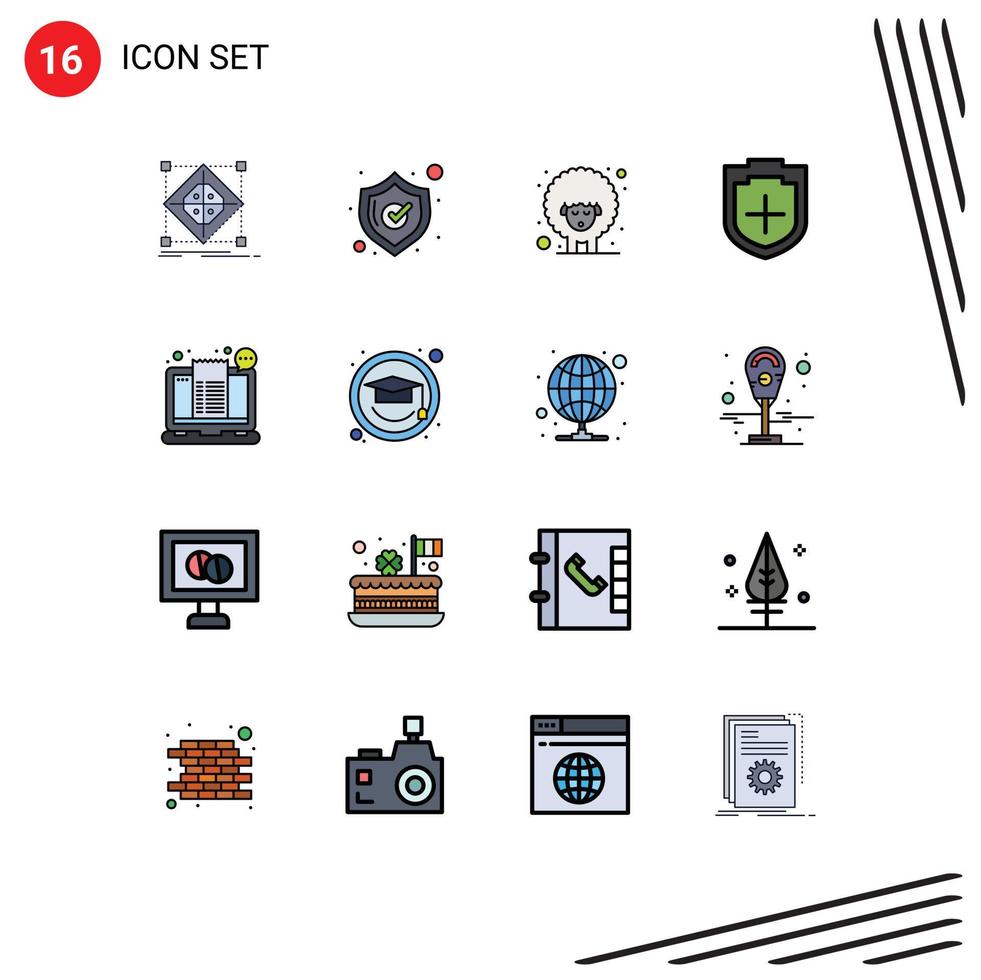 Pack of 16 Modern Flat Color Filled Lines Signs and Symbols for Web Print Media such as checkout shield easter security add Editable Creative Vector Design Elements