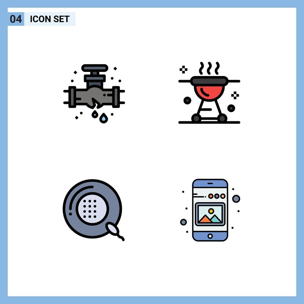 Mobile Interface Filledline Flat Color Set of 4 Pictograms of leak disease plumbing food form Editable Vector Design Elements