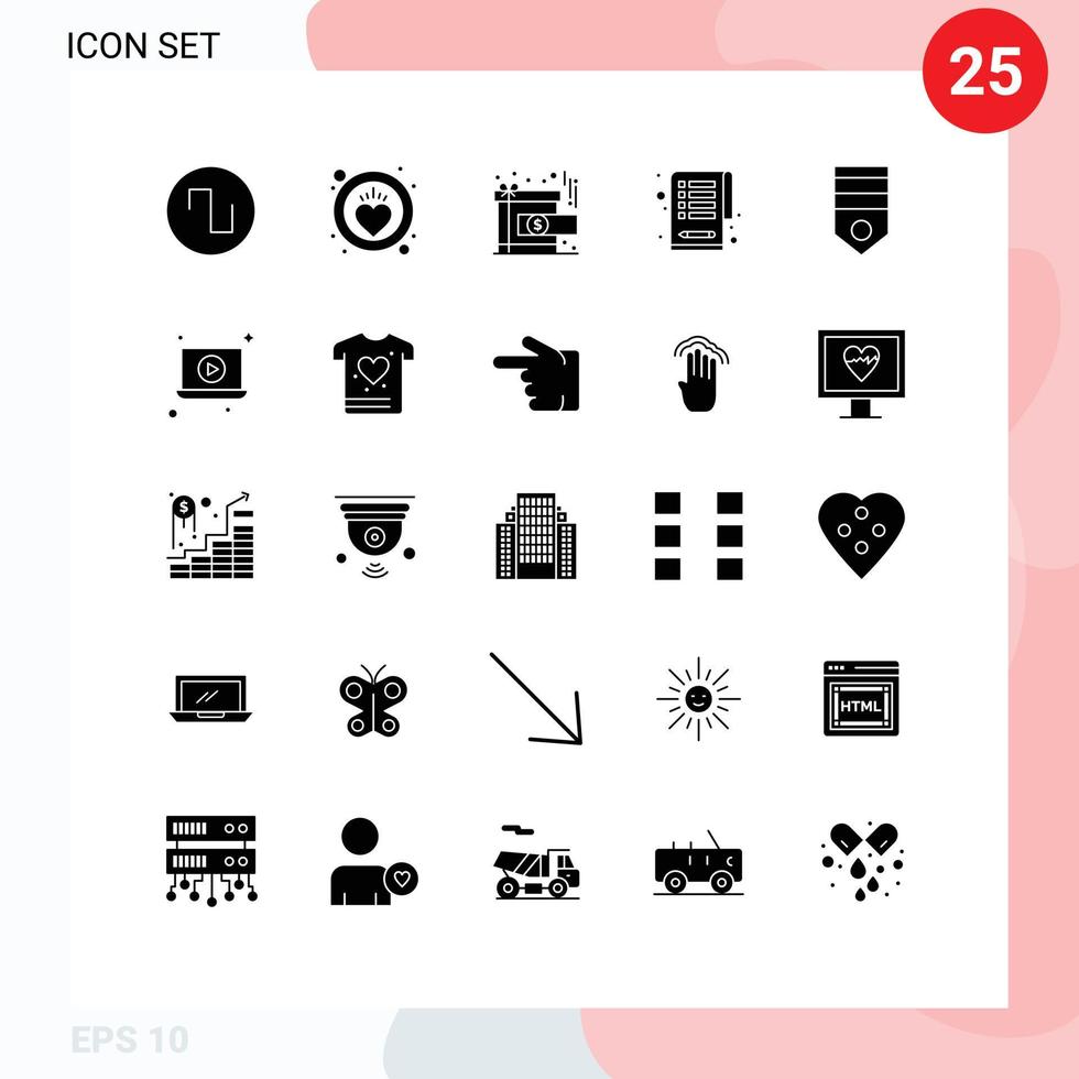 Mobile Interface Solid Glyph Set of 25 Pictograms of soldier military present badge tasks Editable Vector Design Elements