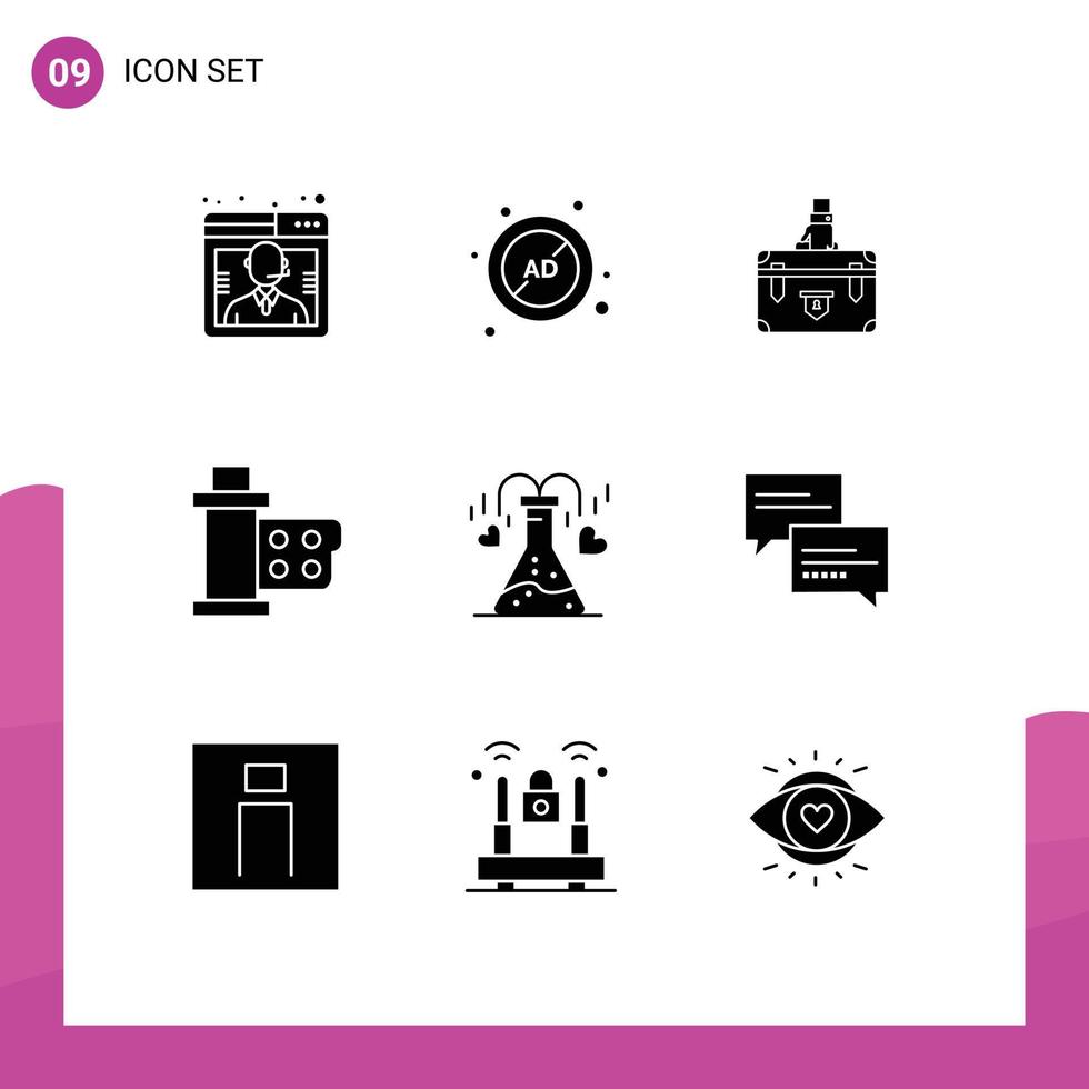 Universal Icon Symbols Group of 9 Modern Solid Glyphs of film portfolio protection marketing case Editable Vector Design Elements