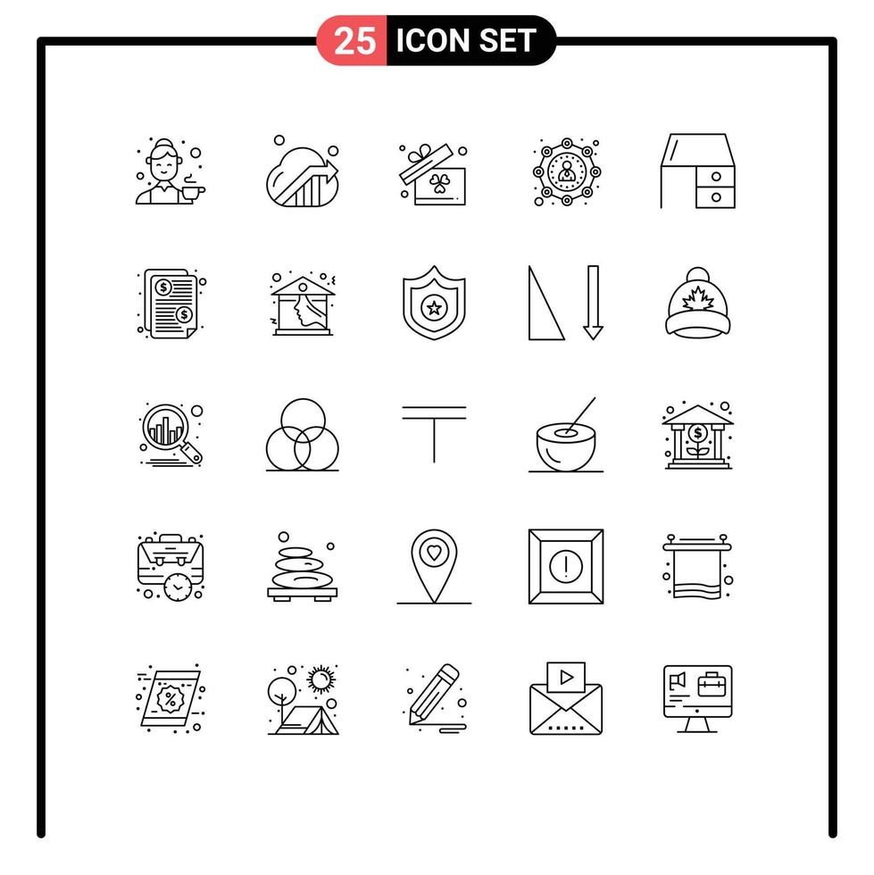 25 User Interface Line Pack of modern Signs and Symbols of desk drawer user seo marketing affiliate Editable Vector Design Elements