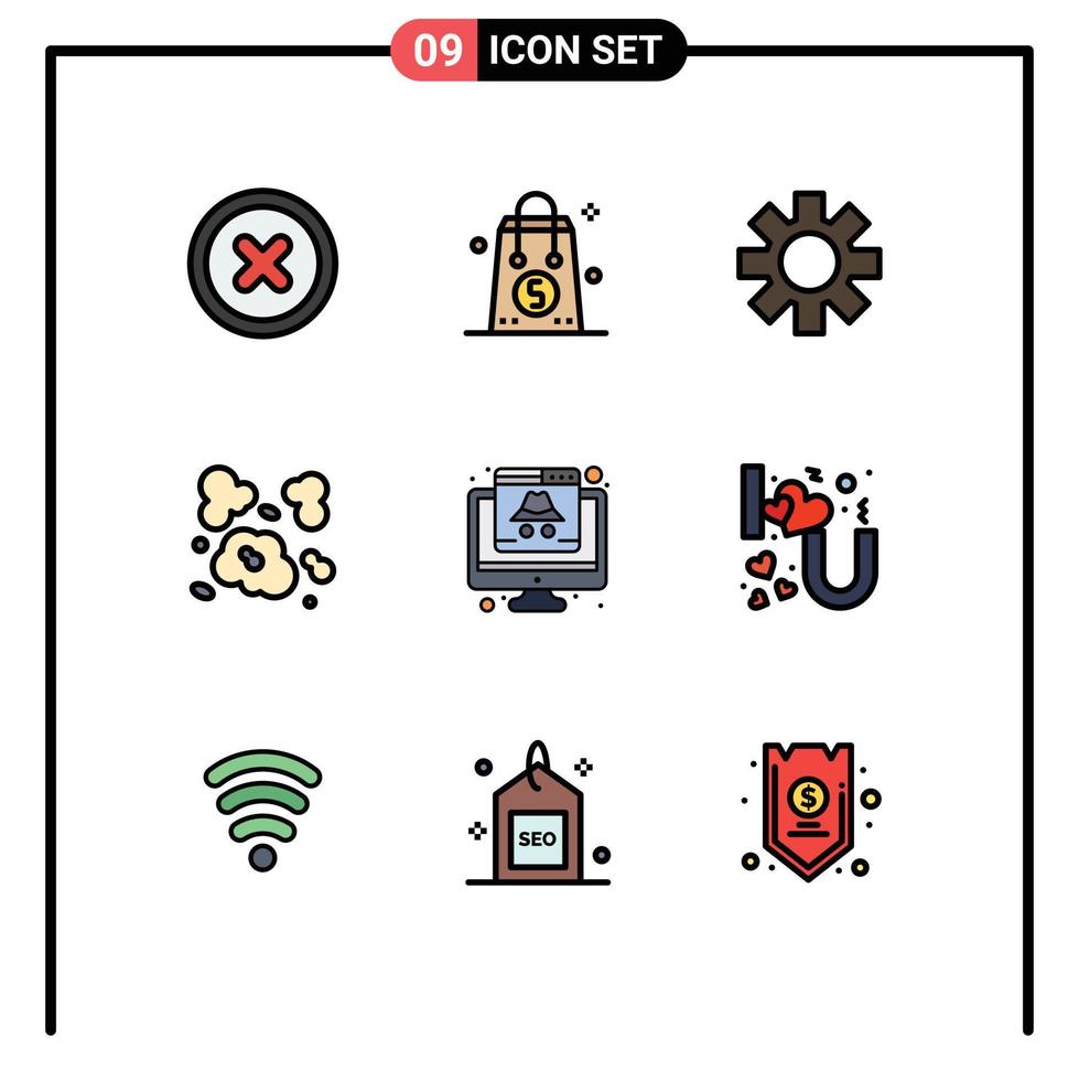 9 Universal Filledline Flat Color Signs Symbols of cyber computer setting pollution dust Editable Vector Design Elements