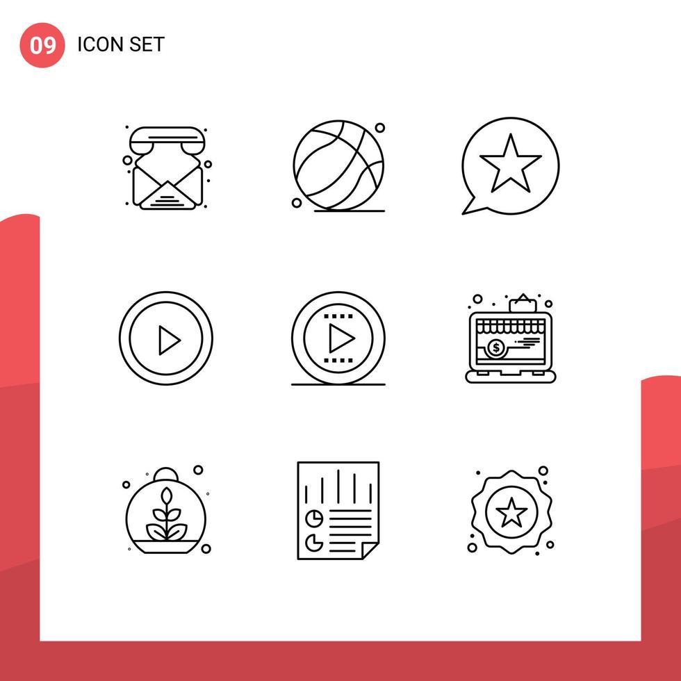 Mobile Interface Outline Set of 9 Pictograms of media user bubble play star Editable Vector Design Elements