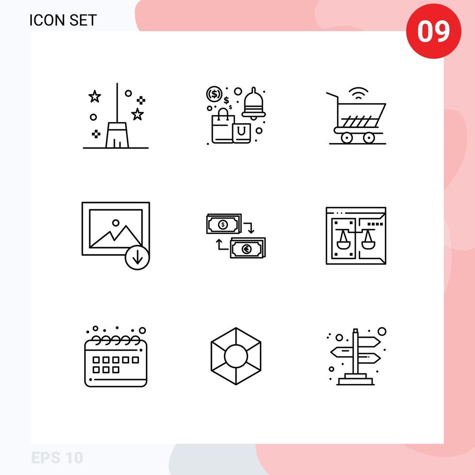 User Interface Pack of 9 Basic Outlines of business mountain shopping image shopping Editable Vector Design Elements