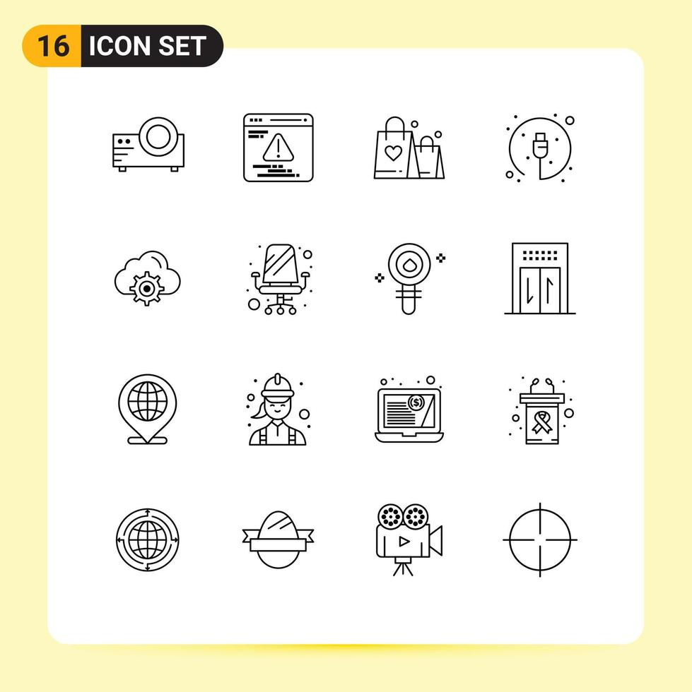 Group of 16 Modern Outlines Set for gear cloud love cable hardware Editable Vector Design Elements