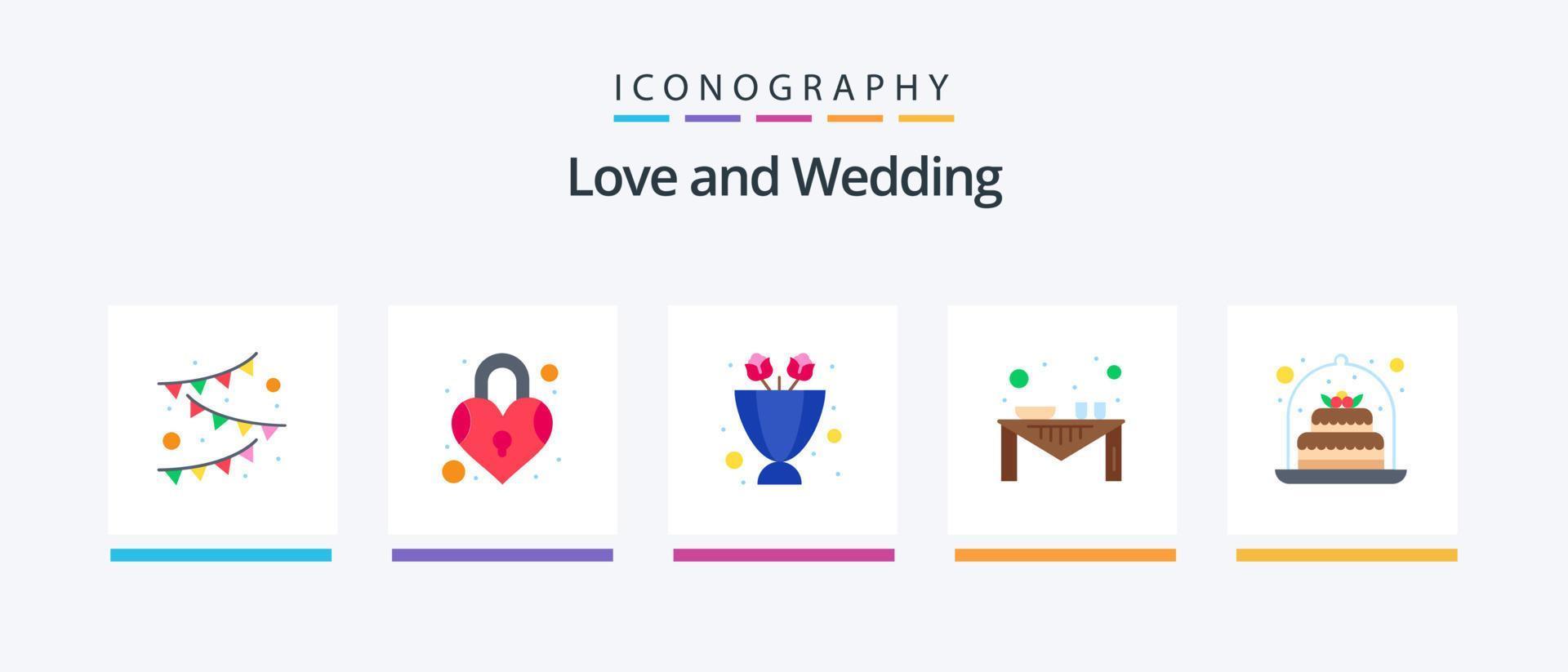 Paquete de 5 iconos planos de boda que incluye pastel. fiesta. ramo. evento. decoración. diseño de iconos creativos vector