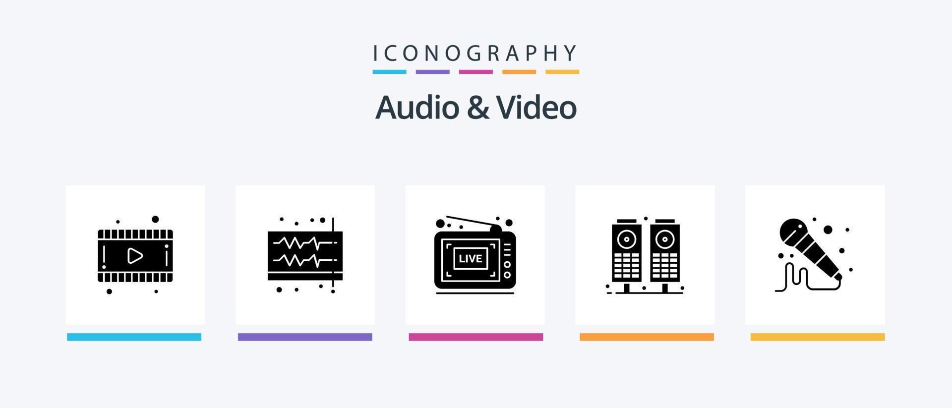 paquete de iconos de glifo 5 de audio y video que incluye sonido. micrófono transmisión. altavoz. música. diseño de iconos creativos vector