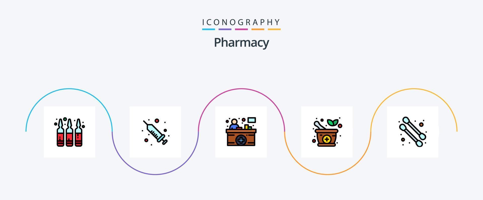 Paquete de 5 iconos planos llenos de línea de farmacia que incluye. bastoncillo de algodón. mostrador. belleza. medicamento vector