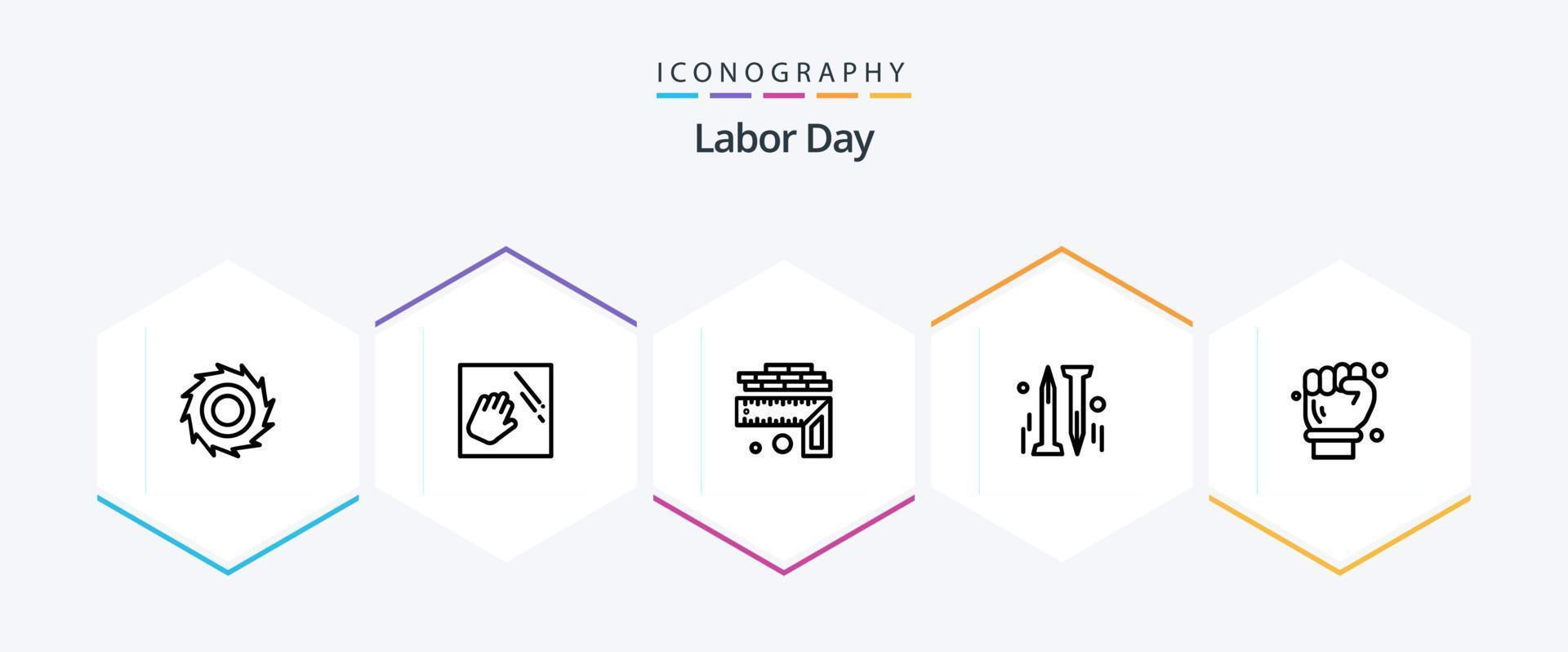 paquete de iconos de 25 líneas del día del trabajo que incluye hardware. clavo . limpieza interna. nivel vector
