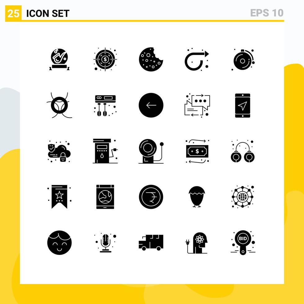 Editable Vector Line Pack of 25 Simple Solid Glyphs of school alarm food right forward Editable Vector Design Elements