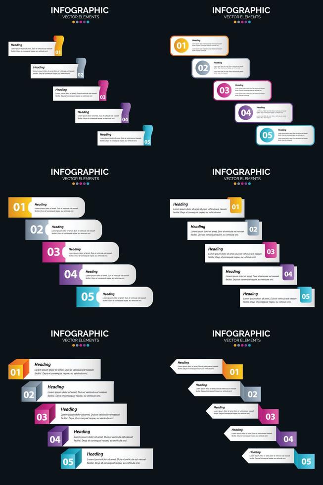 Vector 6 Infographics Pack Presentation slide template 5 Steps cycle diagrams and timelines