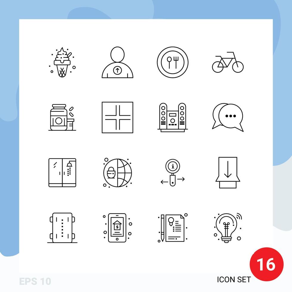 Universal Icon Symbols Group of 16 Modern Outlines of supplement protein fork gainer vehicles Editable Vector Design Elements
