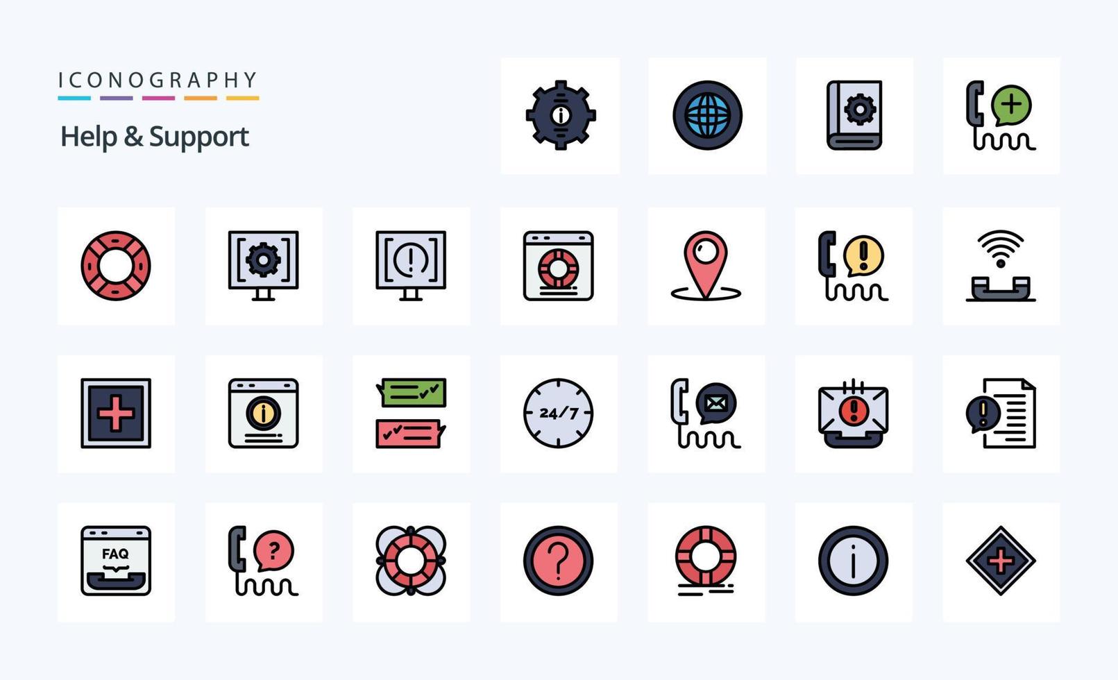 25 Help And Support Line Filled Style icon pack vector