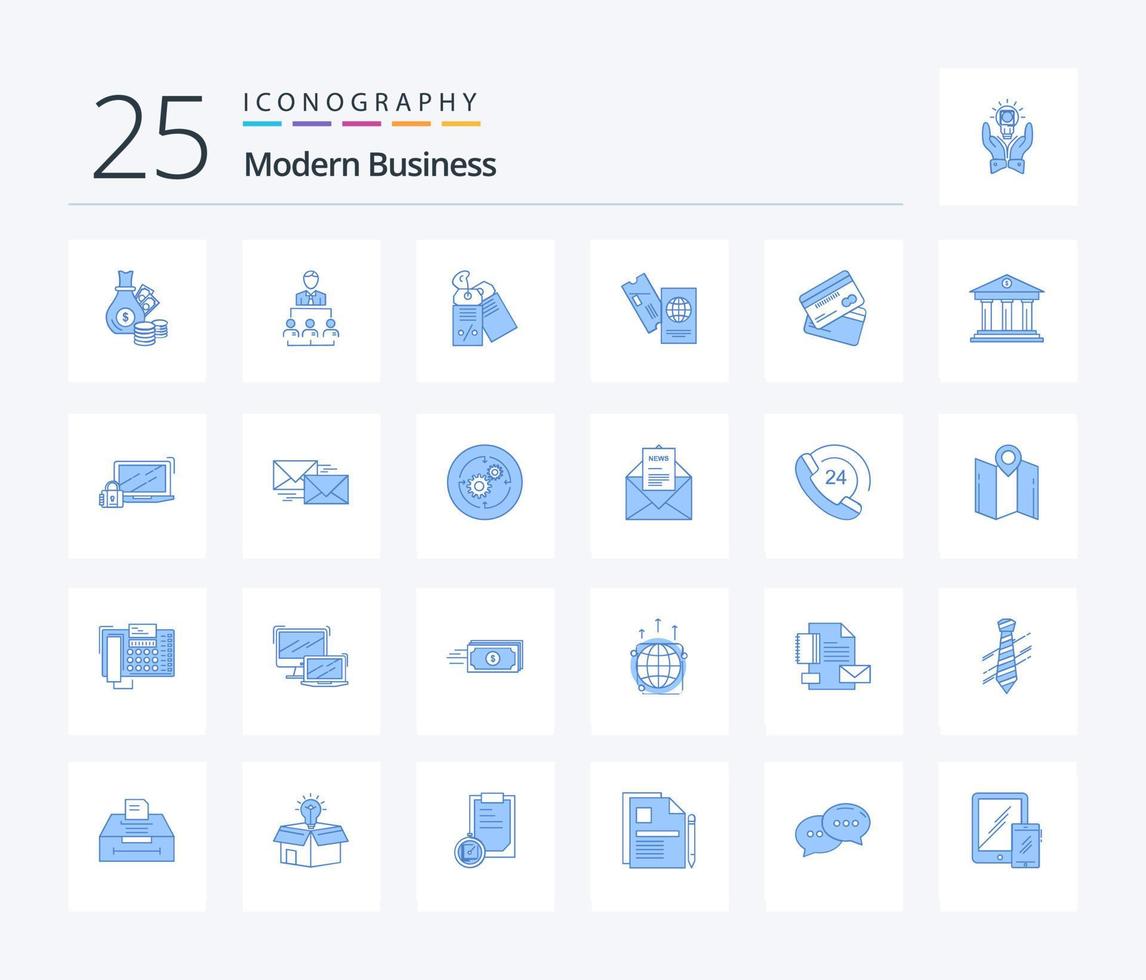 Modern Business 25 Blue Color icon pack including travel. business. leadership. passport. discount vector