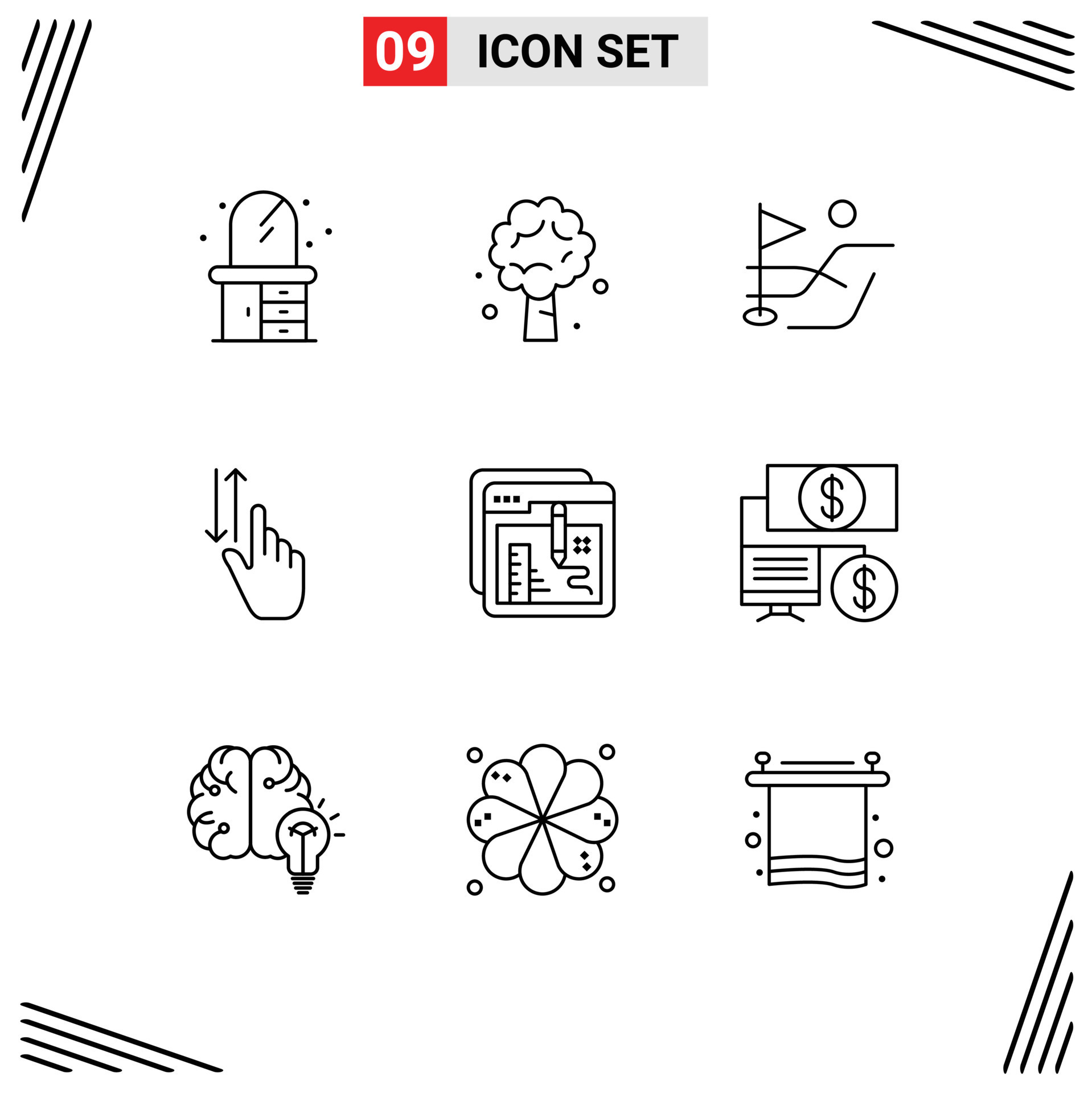 Group of 9 Outlines Signs and Symbols for creative down ball up gestures Editable Vector Design