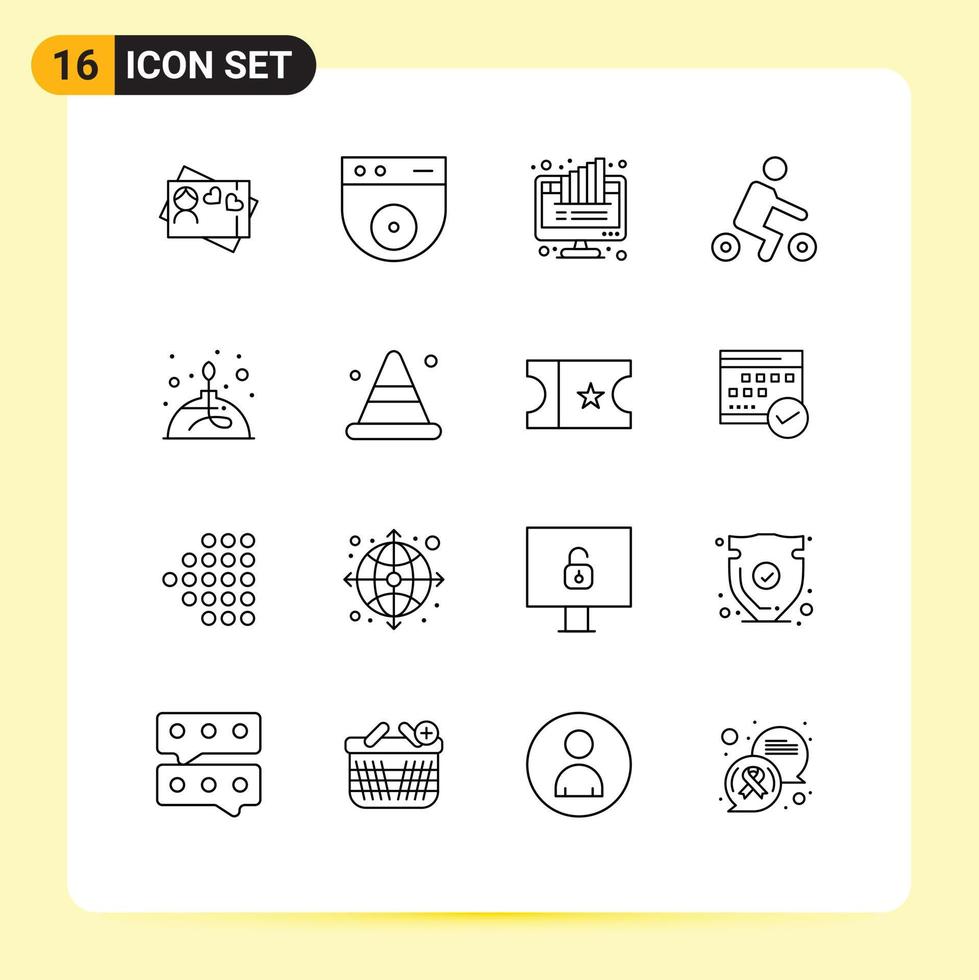 Pack of 16 Modern Outlines Signs and Symbols for Web Print Media such as fire alcohol computer transport riding Editable Vector Design Elements