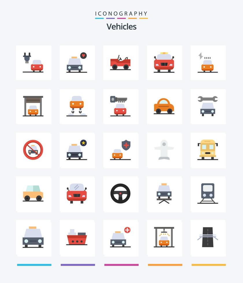 Creative Vehicles 25 Flat icon pack  Such As garage. power. van. electric. car vector