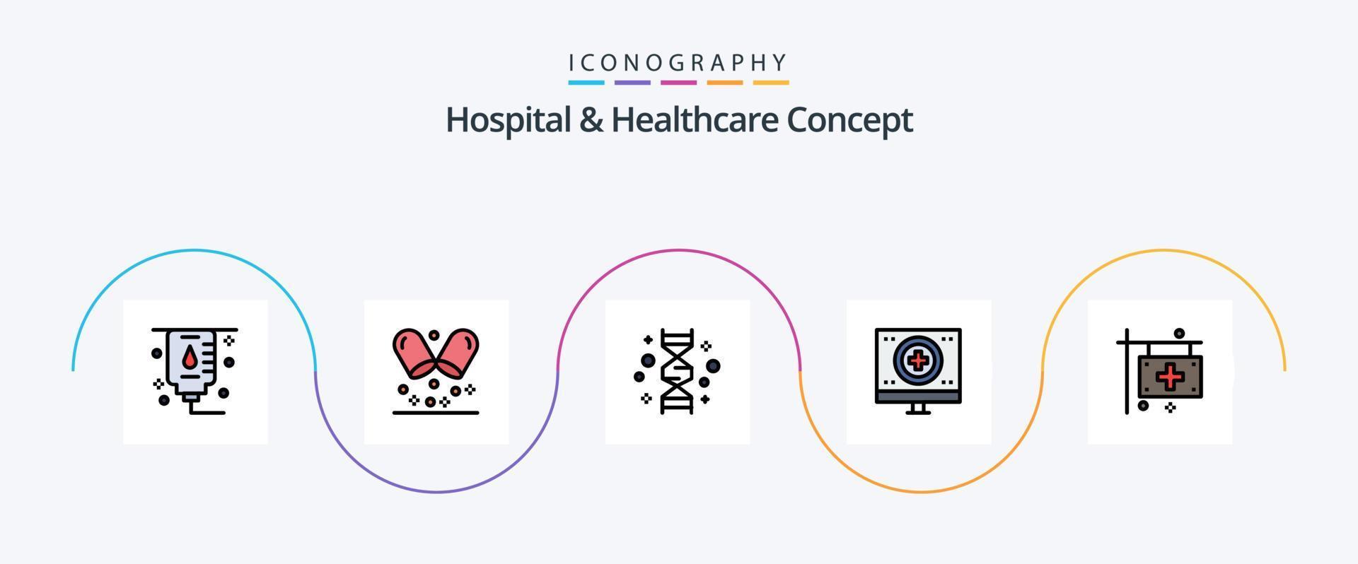 la línea de concepto de hospital y atención médica llenó el paquete de iconos planos 5 que incluye el hospital. bandera. caridad. clínica. monitor vector