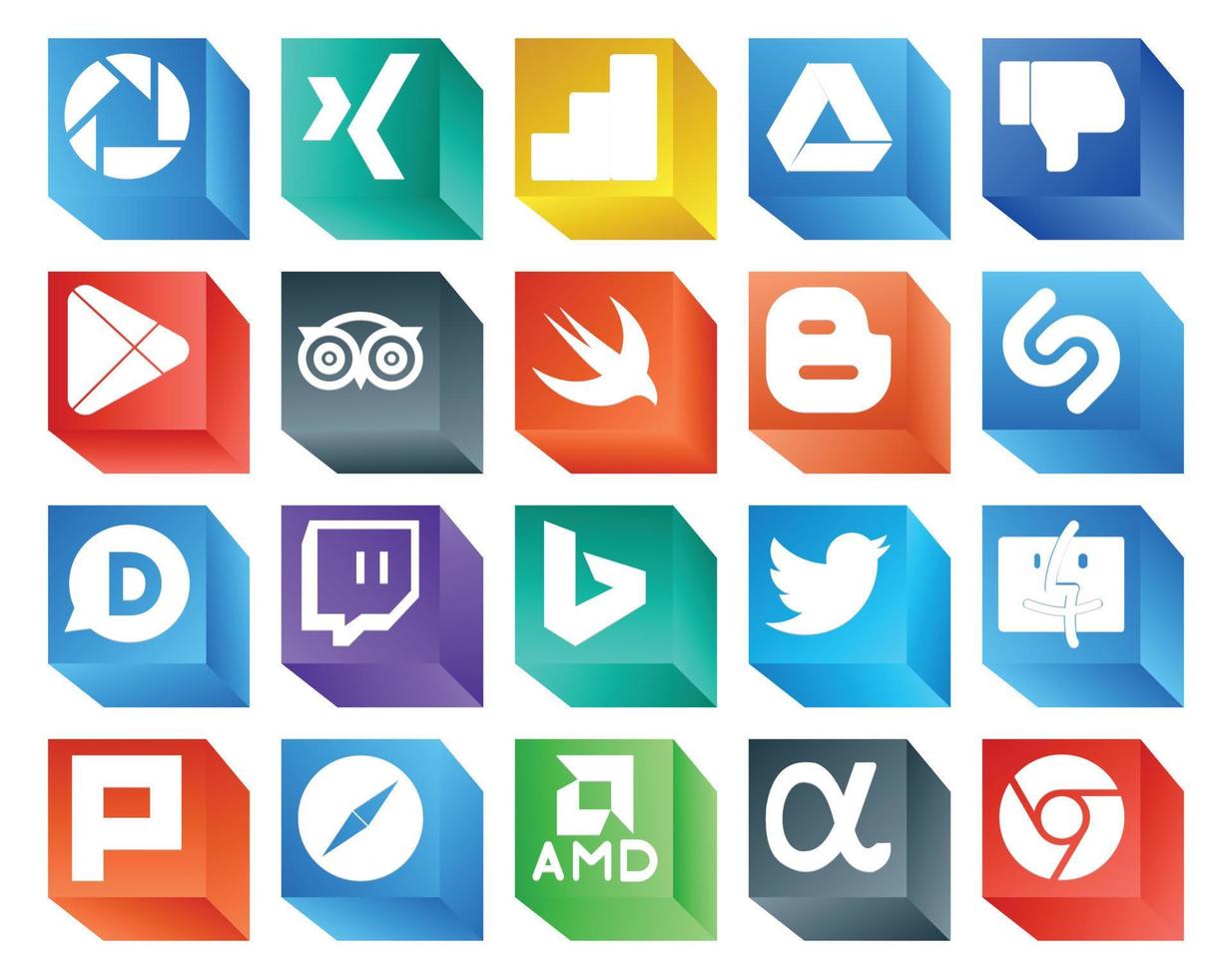 Paquete de 20 íconos de redes sociales que incluye buscador, twitter, viajes, bing, disqus vector