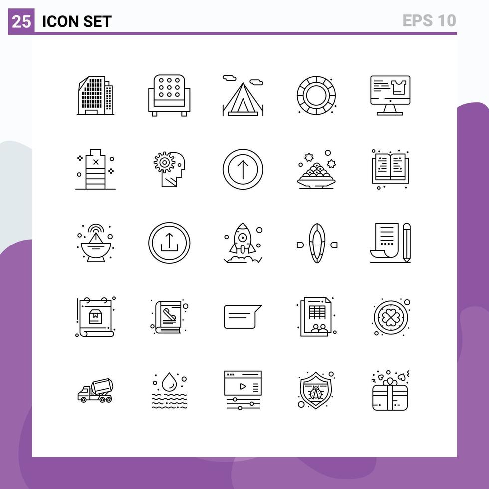 User Interface Pack of 25 Basic Lines of battery monitor camping screen process Editable Vector Design Elements