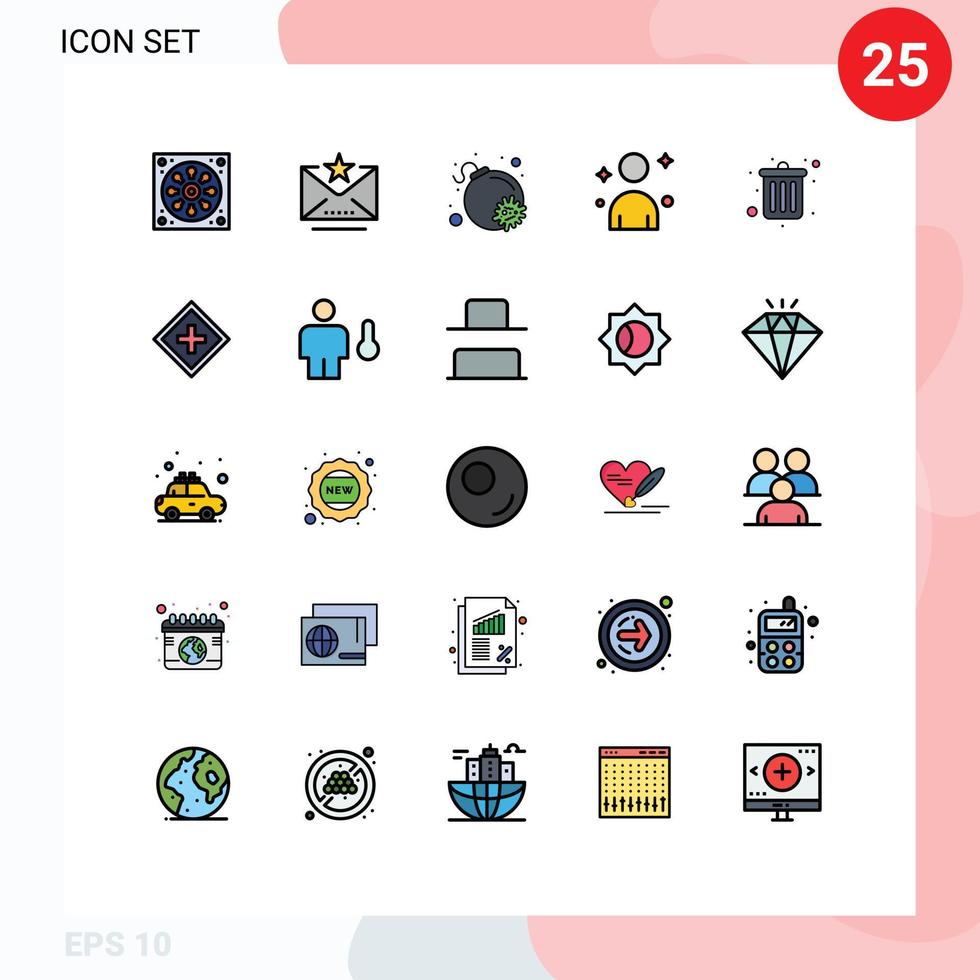 Pack of 25 Modern Filled line Flat Colors Signs and Symbols for Web Print Media such as delete dustbin attack business man Editable Vector Design Elements