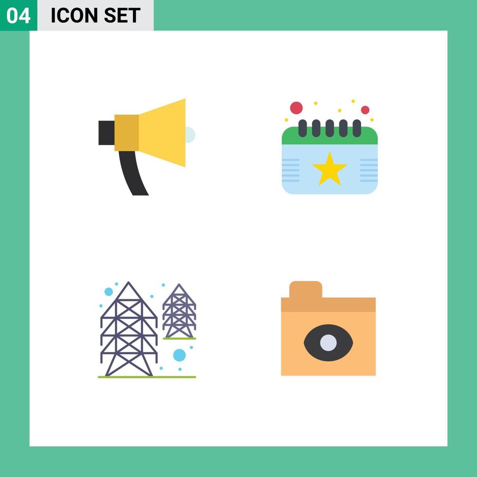 4 User Interface Flat Icon Pack of modern Signs and Symbols of ads electricity megaphone day tower Editable Vector Design Elements