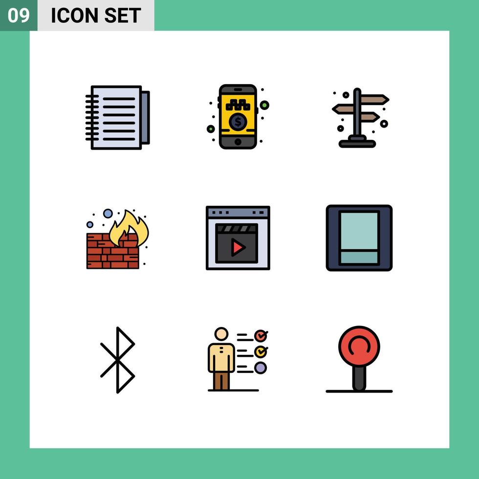 Set of 9 Modern UI Icons Symbols Signs for film browser city wall firewall Editable Vector Design Elements