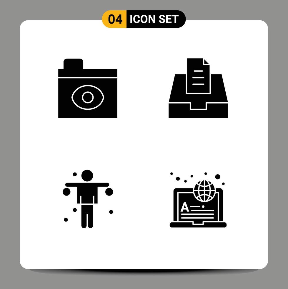 Universal Icon Symbols Group of 4 Modern Solid Glyphs of big brother sport inbox dumbbell internet Editable Vector Design Elements