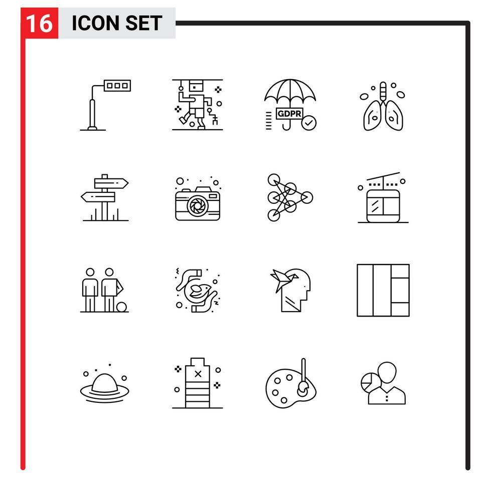 Group of 16 Modern Outlines Set for direction lung gdpr heart pollution Editable Vector Design Elements