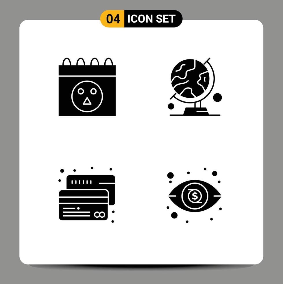 Group of 4 Solid Glyphs Signs and Symbols for calendar card globe trip payment Editable Vector Design Elements